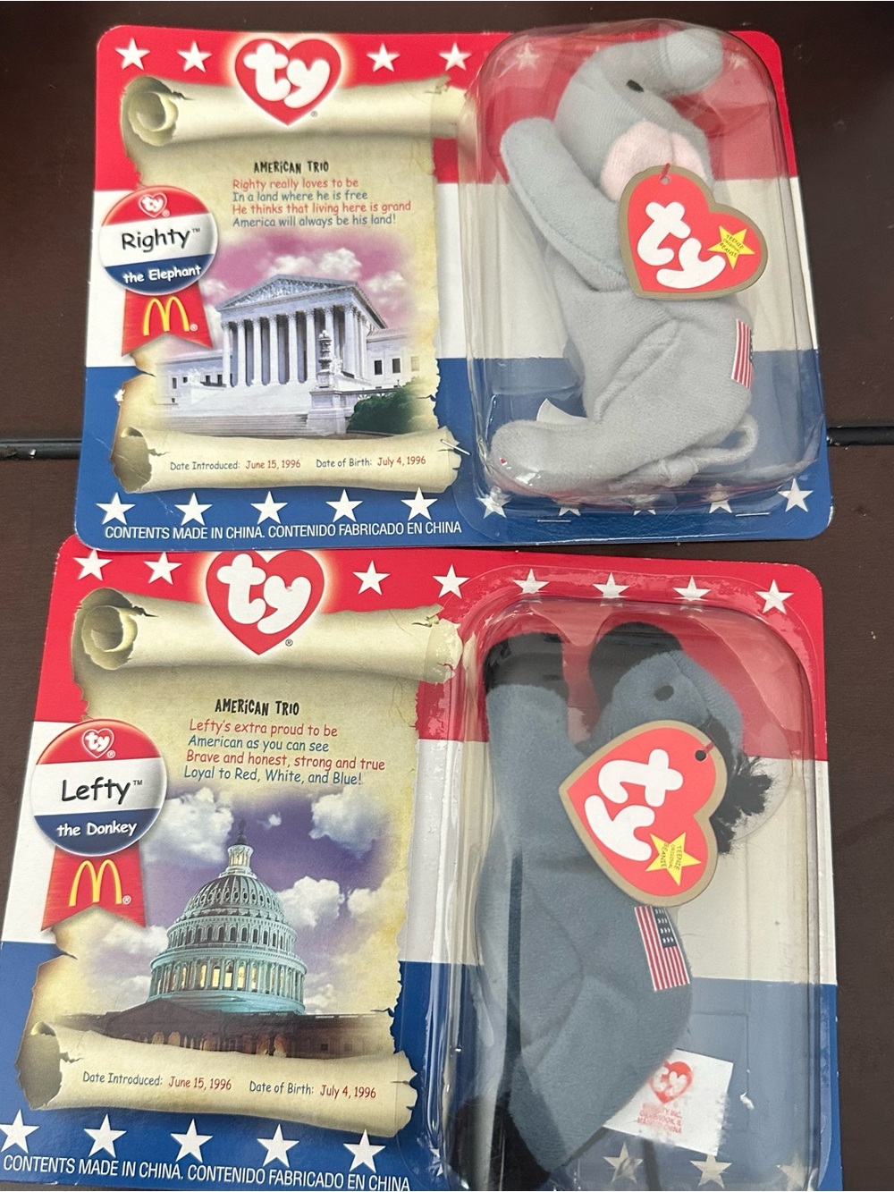 TY Mcdonalds Beanie Babies Lot Righty the Elephant & Lefty the Donkey